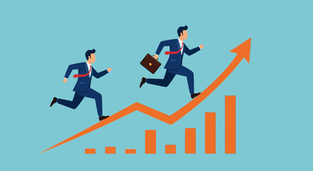 Business Growth Vector Illustration of Two Businessmen Running Upward Trending Graph