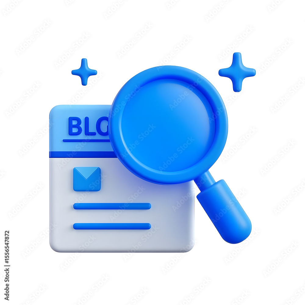 Poster 3d icon of a magnifying glass examining a blog post with an envelope icon isolated on transparent ba