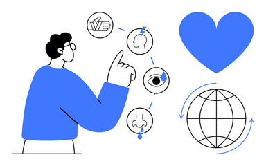 Individual interacting with symbols representing senses, heart icon symbolizing emotion, and globe depicting global connection. Ideal for health, education, empathy, social networks, communication