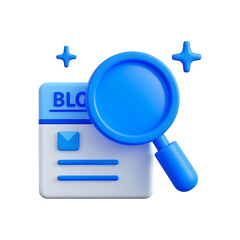 3d icon of a magnifying glass examining a blog post with an envelope icon isolated on transparent background
