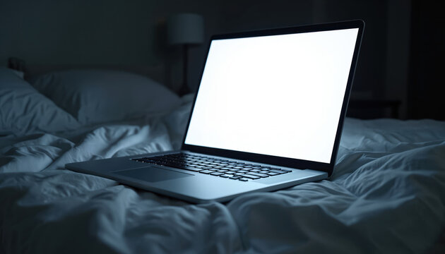 Laptop with blank white screen put on bed in bedroom in dark. Computer screen glows with digital light. Keyboard view for work or entertainment at night. - Powered by Adobe
