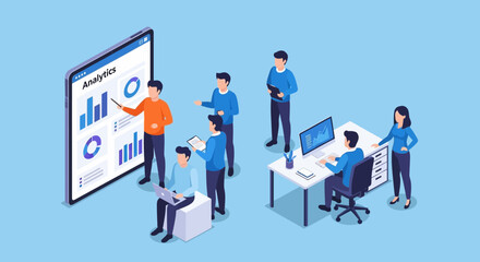 Team Data Analysis Isometric Vector Illustration of Business Professionals Collaborating on Project