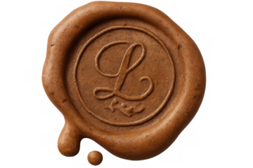Vintage brown wax seal featuring capital letter l, melting and dripping on transparent backdrop, embodying classic elegance
