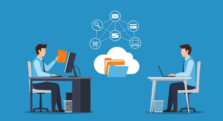 Vector Illustration Two Businessmen Collaborating on Cloud Computing