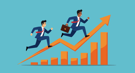 Business Growth Vector Illustration of Two Businessmen Running Upwards on a Rising Graph