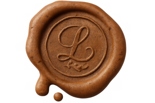 Vintage brown wax seal featuring capital letter l, melting and dripping on transparent backdrop, embodying classic elegance