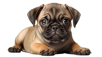 Adorable pug puppy lying down, showcasing its brown fur and expressive eyes, a delightful canine portrait for animal lovers transparent.