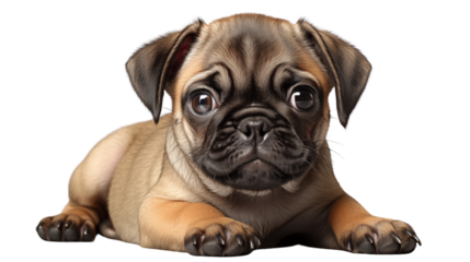 Adorable pug puppy lying down, showcasing its brown fur and expressive eyes, a delightful canine portrait for animal lovers transparent.