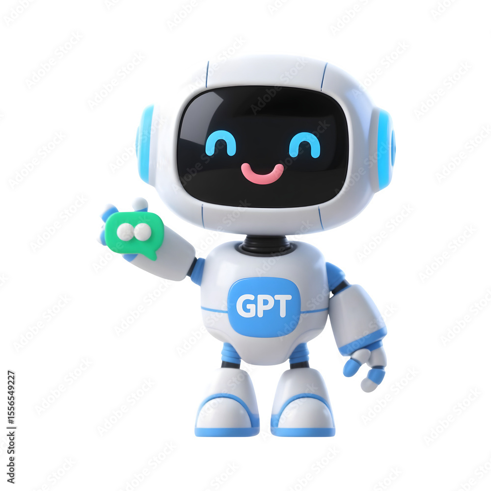Poster friendly cartoon robot with gpt logo and speech bubble isolated on transparent background