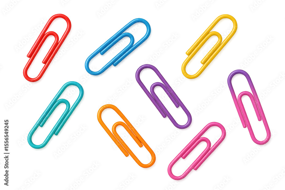 Poster vibrant paperclips scattered across clear surface, creating organized workspace design element