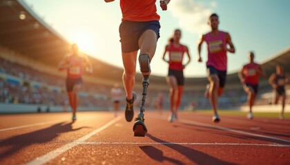 Adaptive sports event features runners of different abilities. Athletes compete in running track competition showing strength, resilience. Inclusive sport event focuses on integration, diversity,