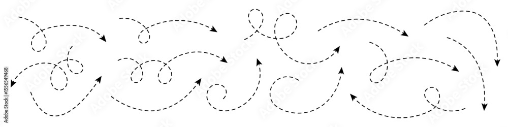 Poster collection of curved arrows with dashed lines. minimalist elements for visualization, navigation, di