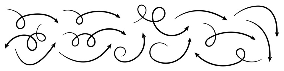 Curved and Twisted Hand Drawn Arrows. Collection of Doodle Arrows.