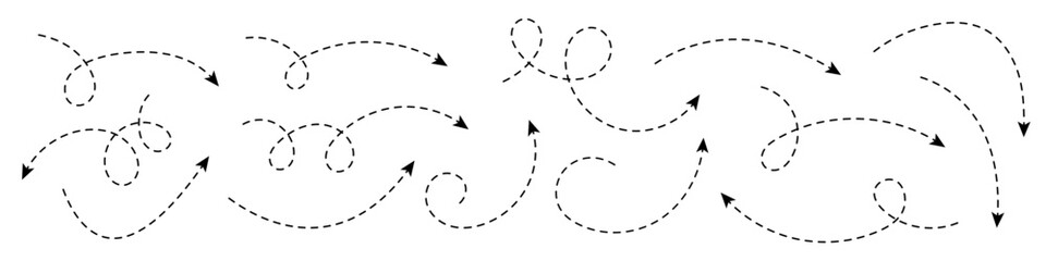 Collection of curved arrows with dashed lines. Minimalist elements for visualization, navigation, direction, process and graphic design.