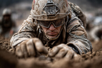 Fototapeta premium Soldiers engage in field training while planting under challenging conditions in a rugged terrain environment surrounded by military operations