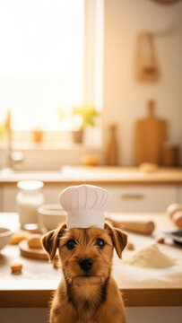 Realistic illustration of cute puppy dashhound dog wearing chef baker hat baking in a bright abstract kitchen