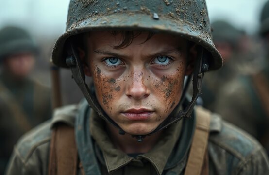 Young soldier face covered mud stares intensely. Grim determination palpable in blurred comrades. Battle-scarred warrior reflects war, grit, resilience, conflict. Portrait captures young man. Focus