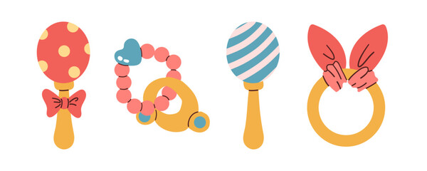 Cute toys for kids set concept. Entertainment and recreation. Inventory for children and playroom. Cartoon flat vector collection isolated on white background. Hand drawn flat illustration .