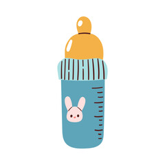 Baby bottle icon. Simple and cute infant feeding bottle clipart illustration. Features a blue and yellow design with milk or formula inside.