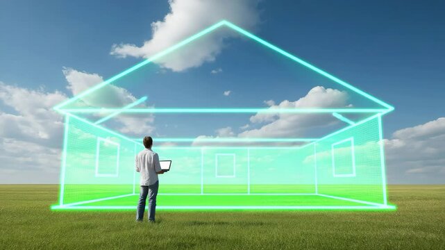 3D-Hausentw&uuml;rfe im Freien mit futuristischer Technologie. K&uuml;nstliche Intelligenz KI