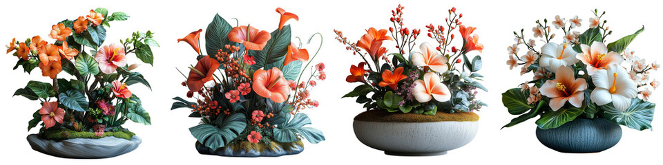 A PNG floral set with a combination of colorful exotic plants on a transparent background