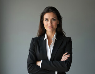 Confident businesswoman in tailored suit poses. Professional white woman stands in office against minimalist gray backdrop. Business lady with crossed arms, looking at camera, ready to work.