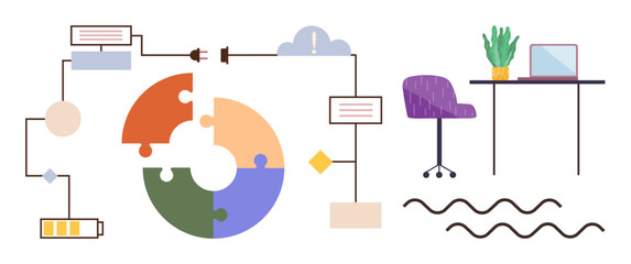 Circular puzzle chart with connected processes, arrows, battery, and workspace featuring laptop, chair, and plant. Ideal for teamwork, project management, productivity strategy planning