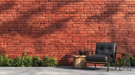 Outdoor patio setting with a brick wall and black chair.