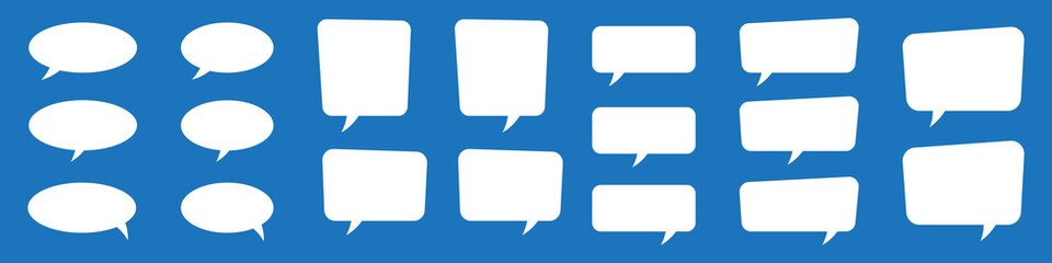 White speech bubble and thought bubble shapes in comic style. Blank text boxes for communication, storytelling, comic books, and graphic design.