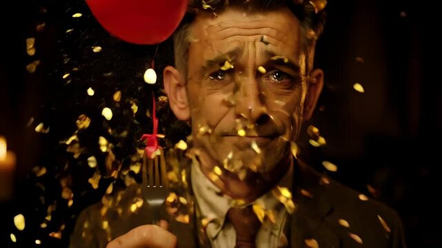 White adult man in suit holding red balloon on fork with emotional expression in candlelit setting. Concept of emotional fragility, inner tension, and symbolic surrealism in human vulnerability