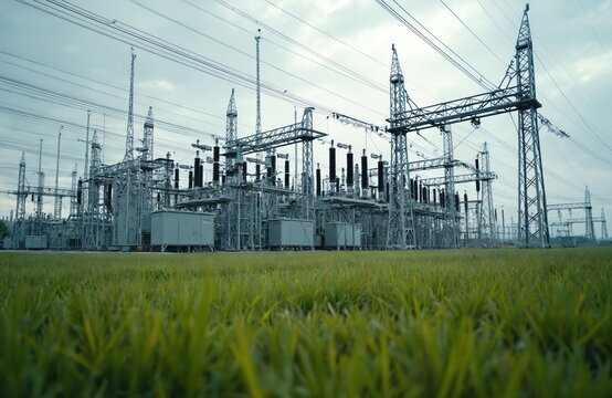 Power substation with high voltage electricity transmission equipment. Energy distribution plant with steel constructions cables, towers. Industrial power grid, technology infrastructure, safe energy