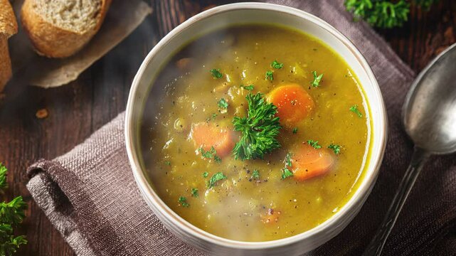Split pea soup in dish on the table with smoke