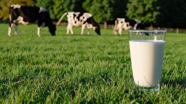 Milk glass surrounded by pasture
