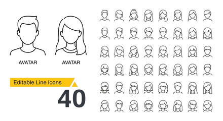 User profile icons, avatar illustration, male and female line art symbols, 40 diverse people icons for web and mobile applications © HUANG