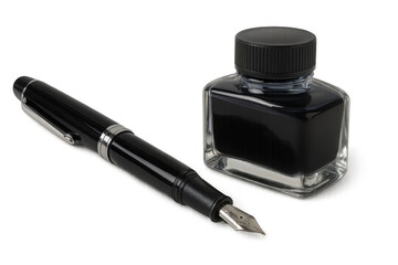 Classic fountain pen lying near an inkwell on a transparent background, ready for writing or calligraphy