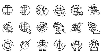 A versatile set of linear icons illustrating global concepts such as world business, international travel, internet connectivity, and environmental care