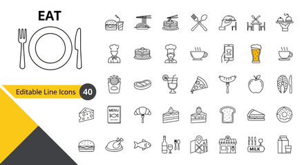 Set of food and drink icons representing a meal and culinary experience, suitable for menus or restaurant branding