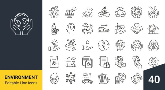 Extensive collection of modern editable line icons for environmental protection, sustainable living, ecological awareness, and green energy solutions promoting a healthier planet