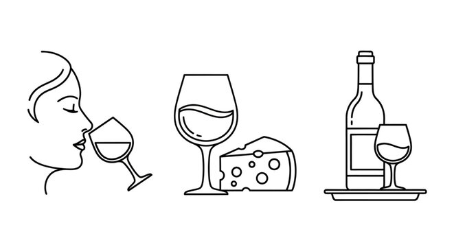 Elegant line art icon set for wine and cheese experiences. Features a person tasting, a glass with cheese, and a bottle with a glass, ideal for beverage and culinary branding