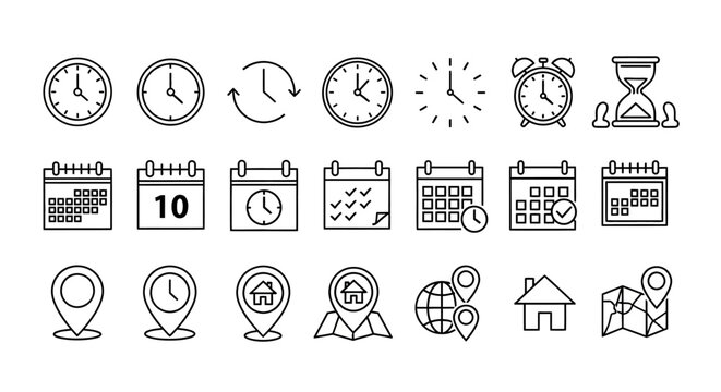 Icons Set Time, Calendar, Location - Reminders, Appointments, and Schedules