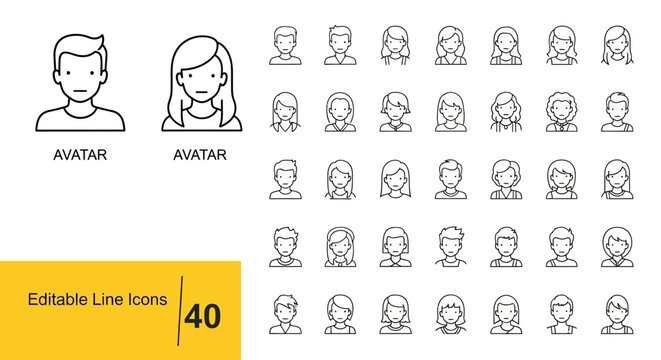 Essential pack of 40 user profile line icons, designed for contemporary web and mobile applications, featuring a diverse range of editable avatars for professional interface design