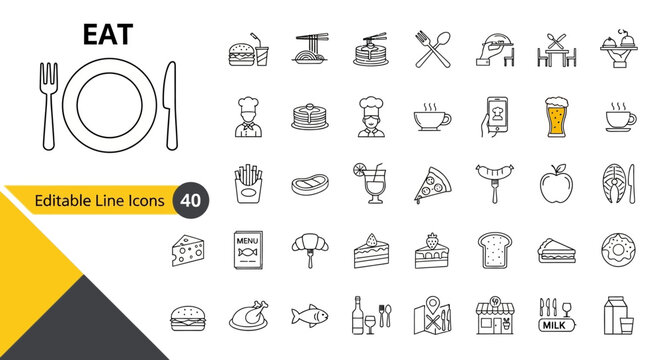 Set of food and drink icons representing a meal and culinary experience, suitable for menus or restaurant branding