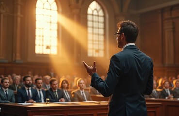 Confident lawyer in suit presents argument to judge and jury. Sunlight streams through windows, highlights solemn atmosphere. Law professional giving testimony at court. Legal system justice theme.