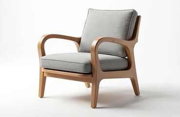 Japandi style armchair isolated white background. Wooden frame with gray textile cushions creates minimalist elegant design. Ideal for interior design. Comfortable chair, relax, rest.