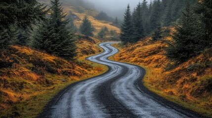 Naklejka premium Winding road through a misty autumn landscape.