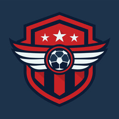 Soccer team emblem with wings shield and stars in a red and blue color scheme ideal for sports branding.