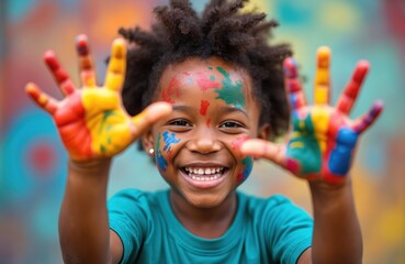 Joyful African American child shows colorful painted hands smiling widely. Face, hands are decorated with vivid colors. Street art background gives creative vibe. Artwork painting class fun activity.