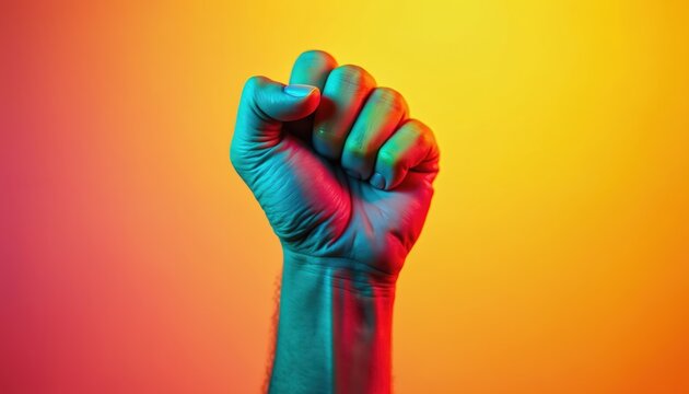 Raised fist with gradient rainbow colors, symbol of strength hope. Vivid hand gesture, powerful emotion, diversity. Warm orange, teal background. Symbolic art, protest, fight for justice equality.