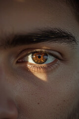 Macro Close-Up of a Human Male Eye with Amber Brown Iris in Natural Light – Detailed Facial Texture and Eyelashes