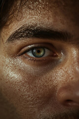 Ultra-Realistic Macro Close-Up of a Male Eye with Green Iris, Detailed Eyelashes, and Sweaty Textured Skin – High-Definition Cinematic Portrait Photography